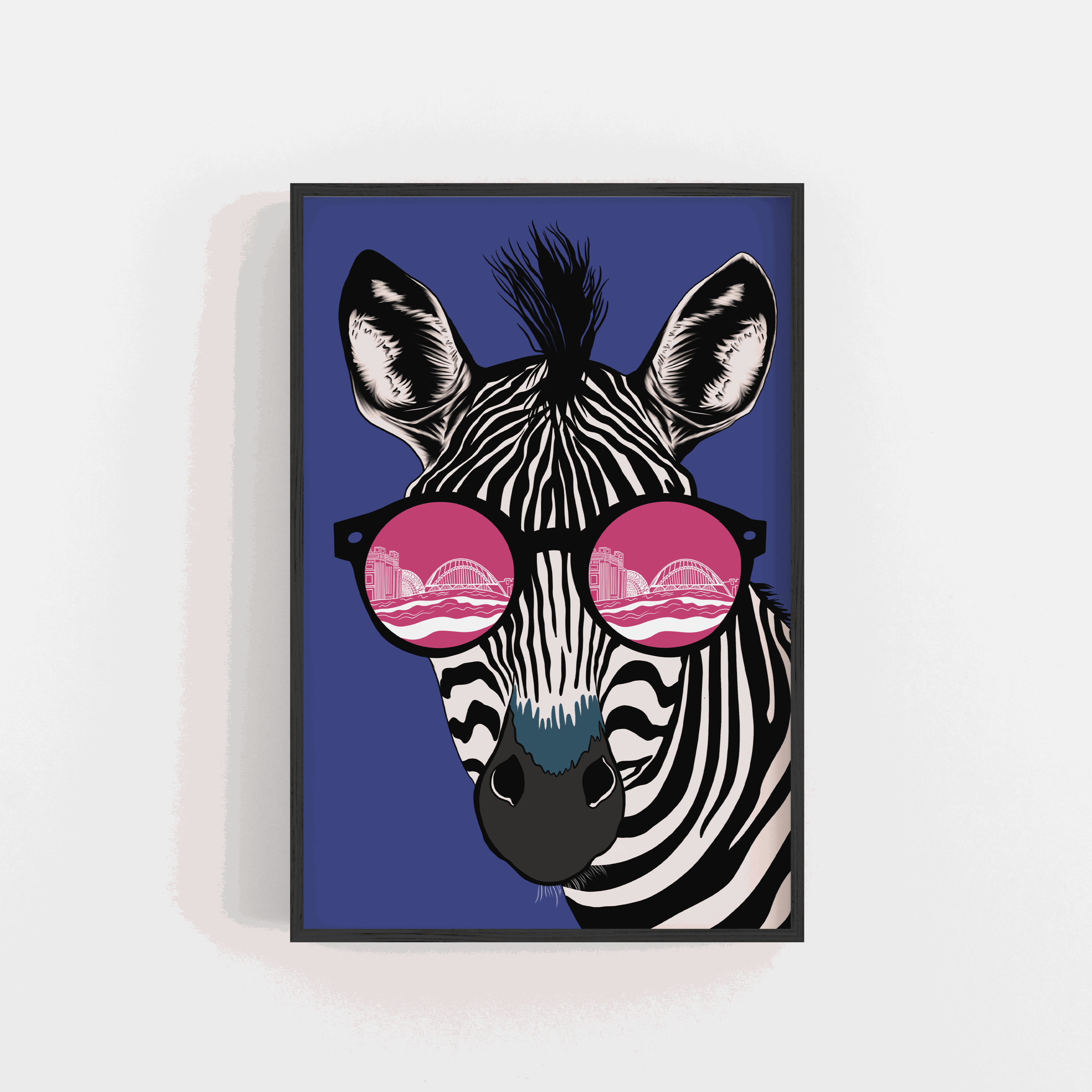 Toon Zebra Illustration Featuring Newcastle River Tyne Art Print in blue and pink colour.