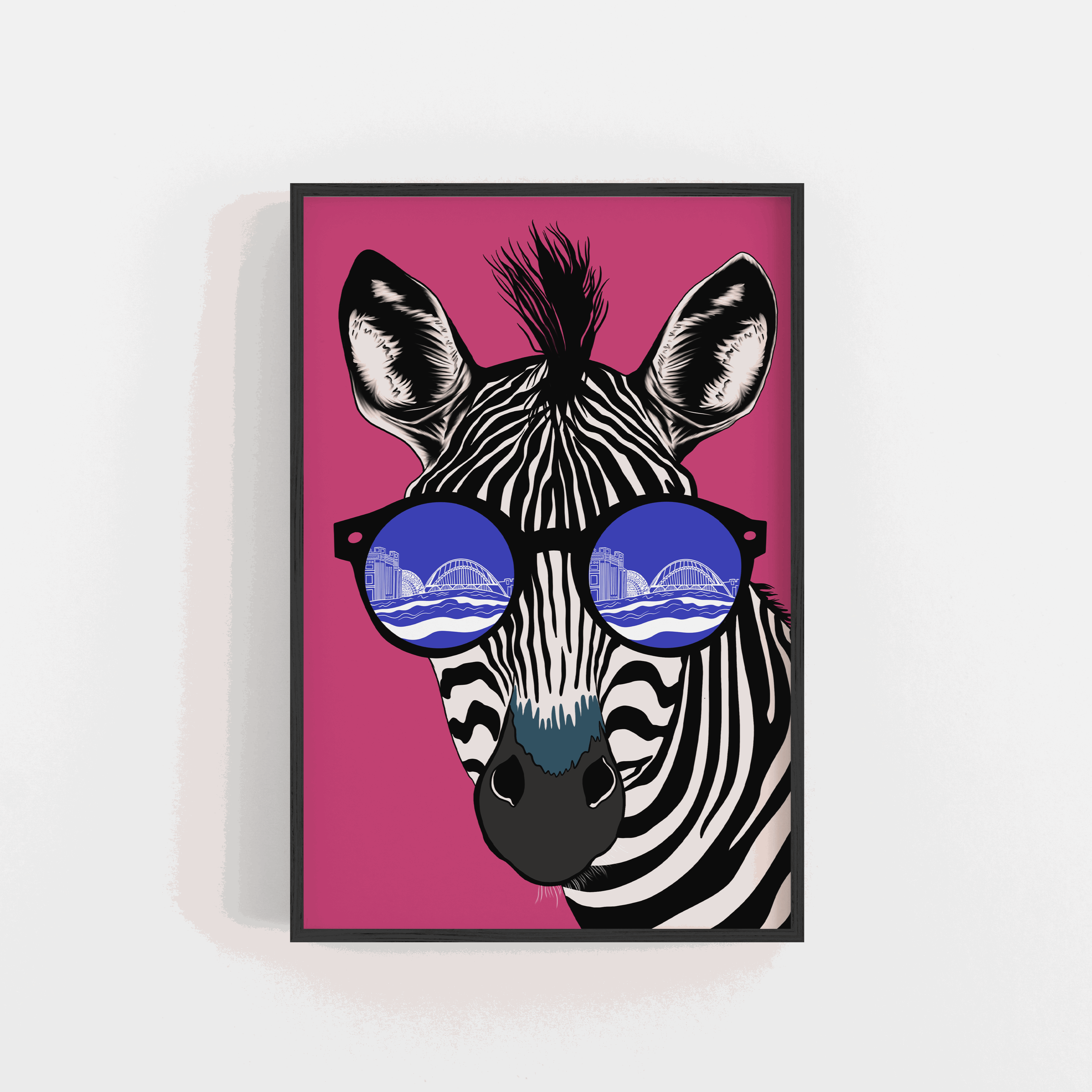 Toon Zebra Illustration Featuring Newcastle River Tyne in the glasses reflection. Art Print in pink and blue colour.