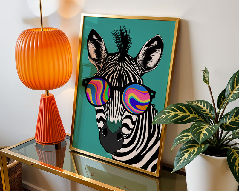 A colourful and fun art print featuring a zebra wearing glasses