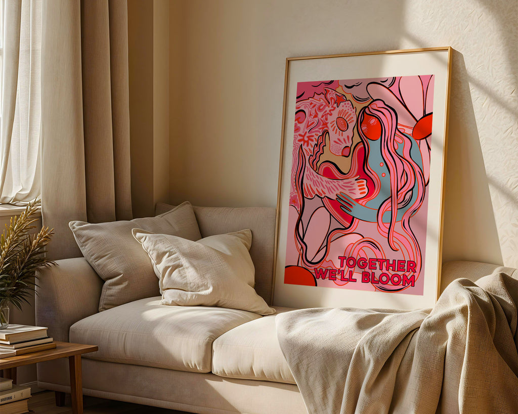 Together We’ll Bloom illustration print featuring two souls touching, a wolf and a female figure