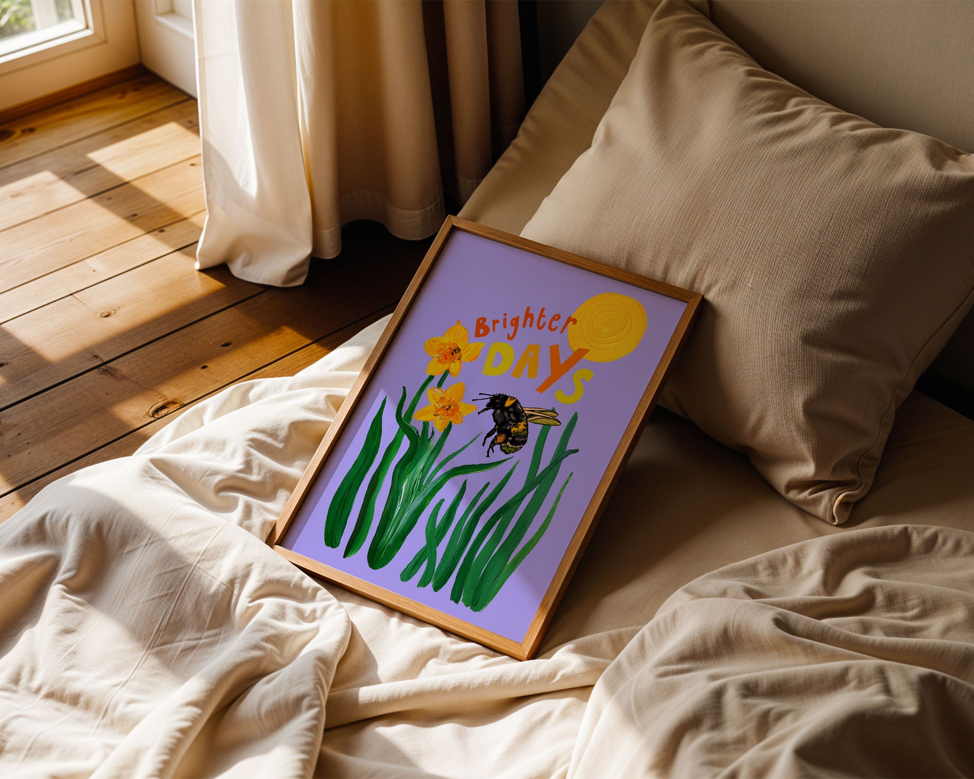 Art prinf with the words Brighter Days and hand-painted daffodils and bee