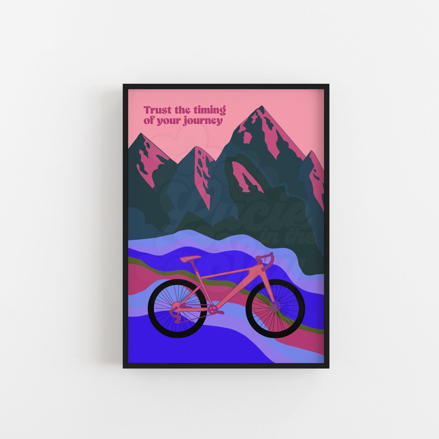 Bike Ride Through The Mountains Print with quote "Trust The Timing Of Your Journey"