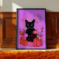 Framed print of a 70s style black cat and pumpkins with amanita mushrooms illustrated