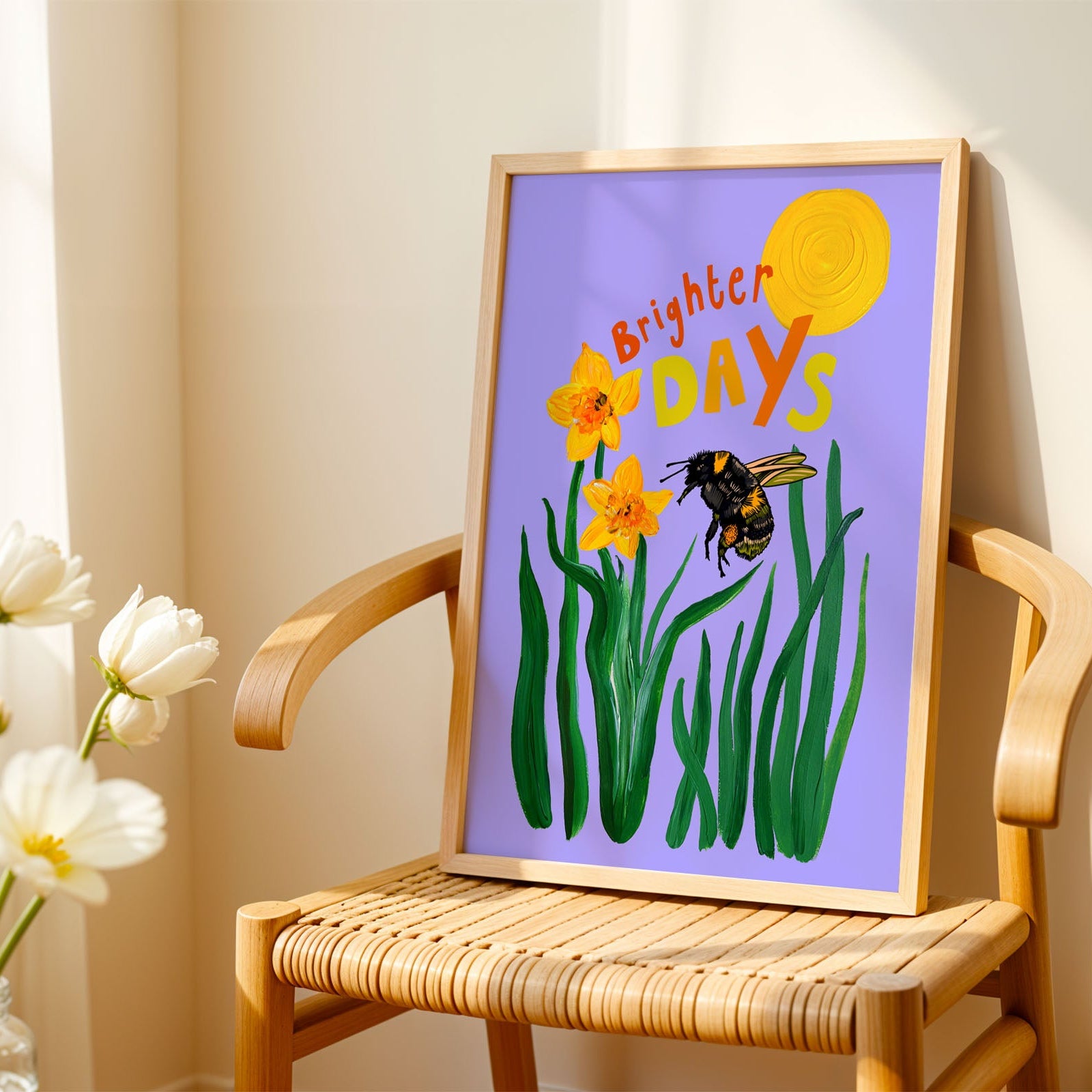 Art print of hand painted daffodils and illustrated bumble bee with words "Brighter Days"