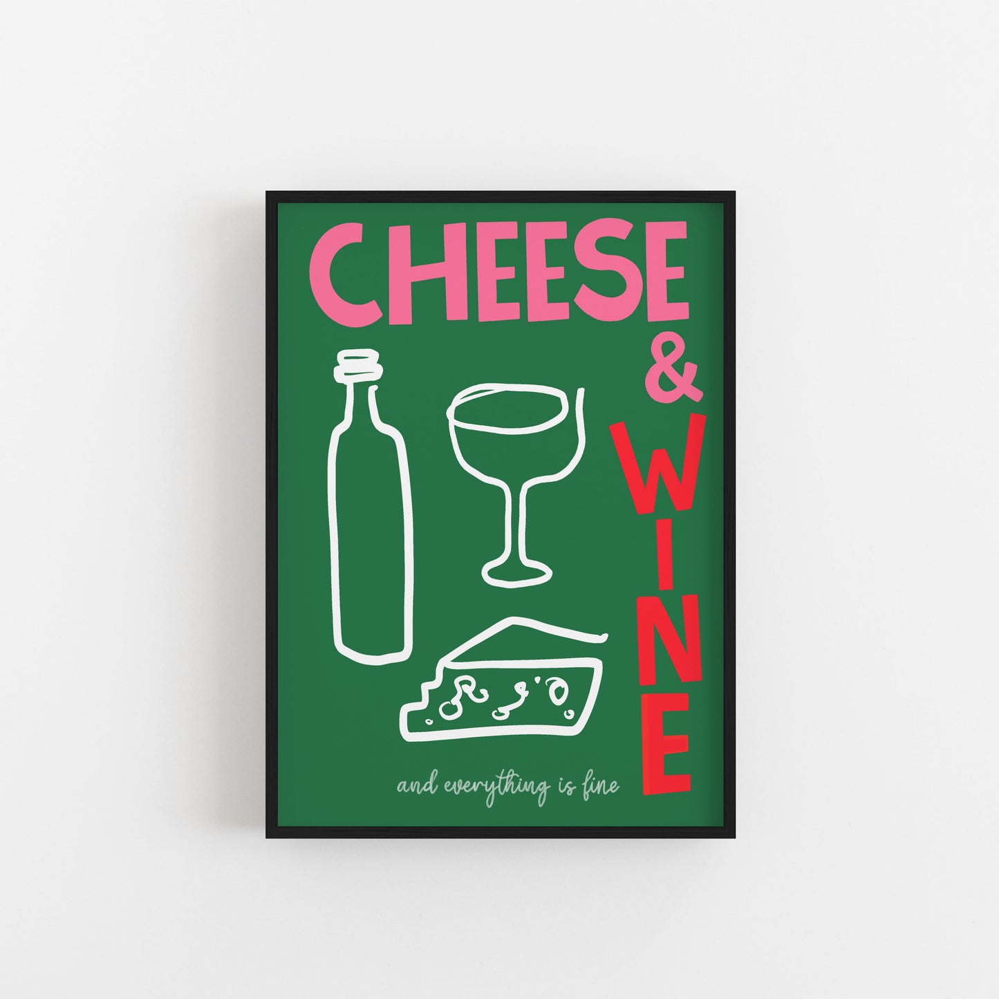 Cheese and Wine Print in Green and Pink