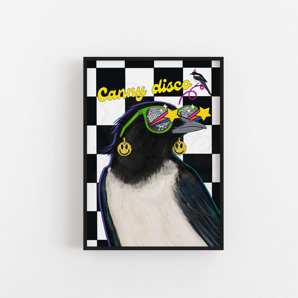 Art print of a magpie wearing sunglasses with a checkered border and 'Canny disco' text.