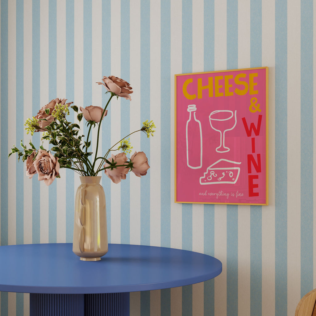Cheese and Wine Print in Pink and yellow