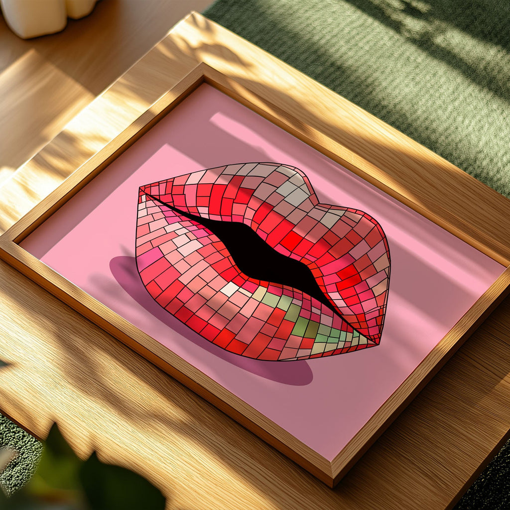 Illustrated art print featuring disco ball lips