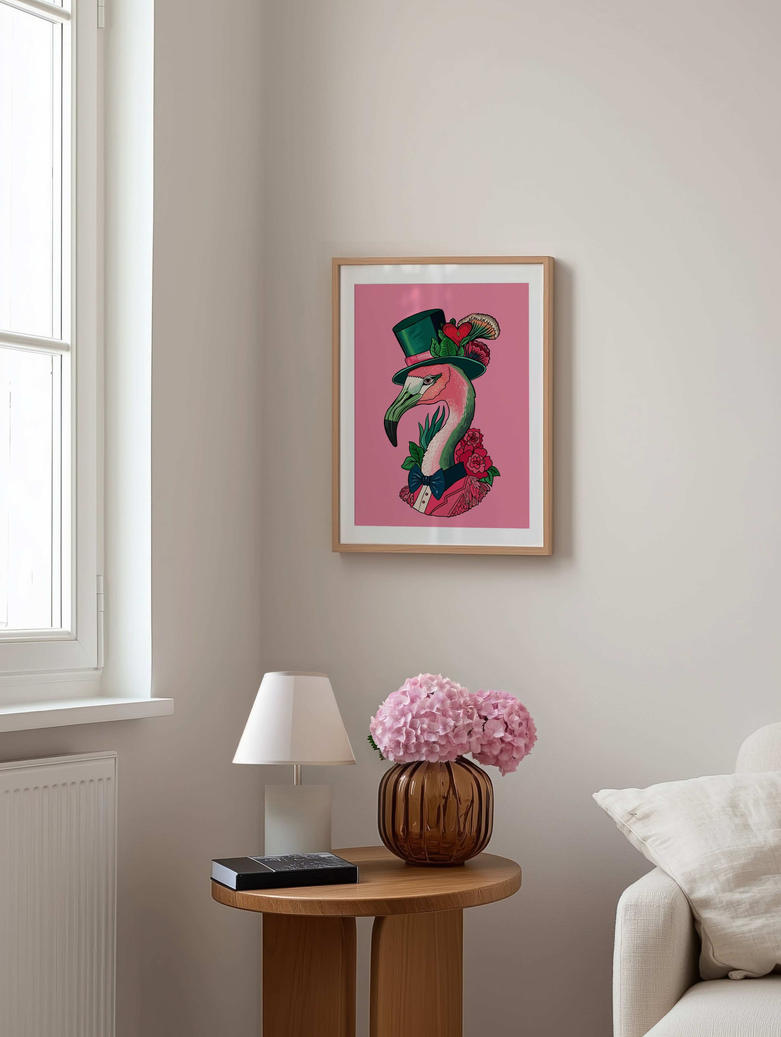 Flamingo Wearing A Top Hat Frame Mockup For Living Room
