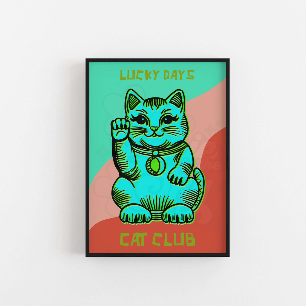 maneki-neko good luck cat artwork in a modern playful style. green and pink colours.