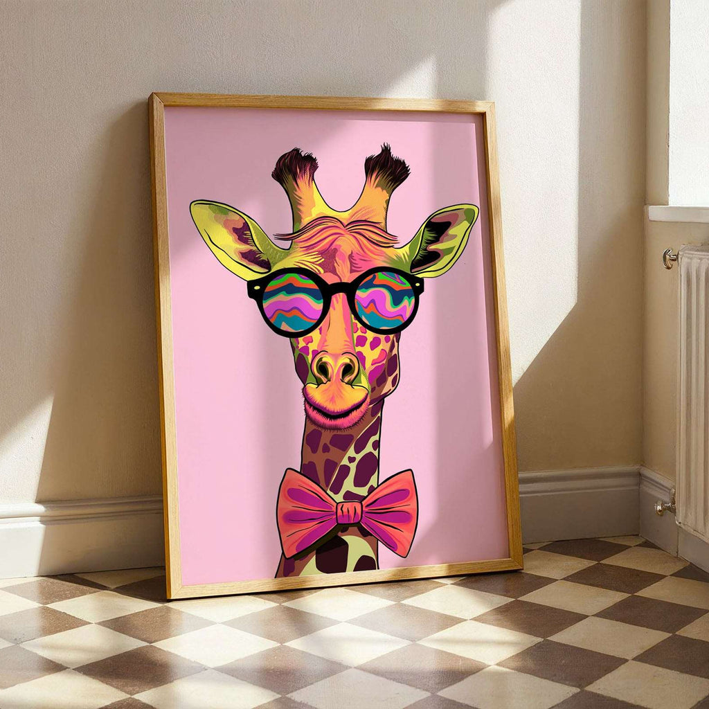 Cute Giraffe Art Print featuring a Giraffe wearing Glasses and Red Bow on a pink background