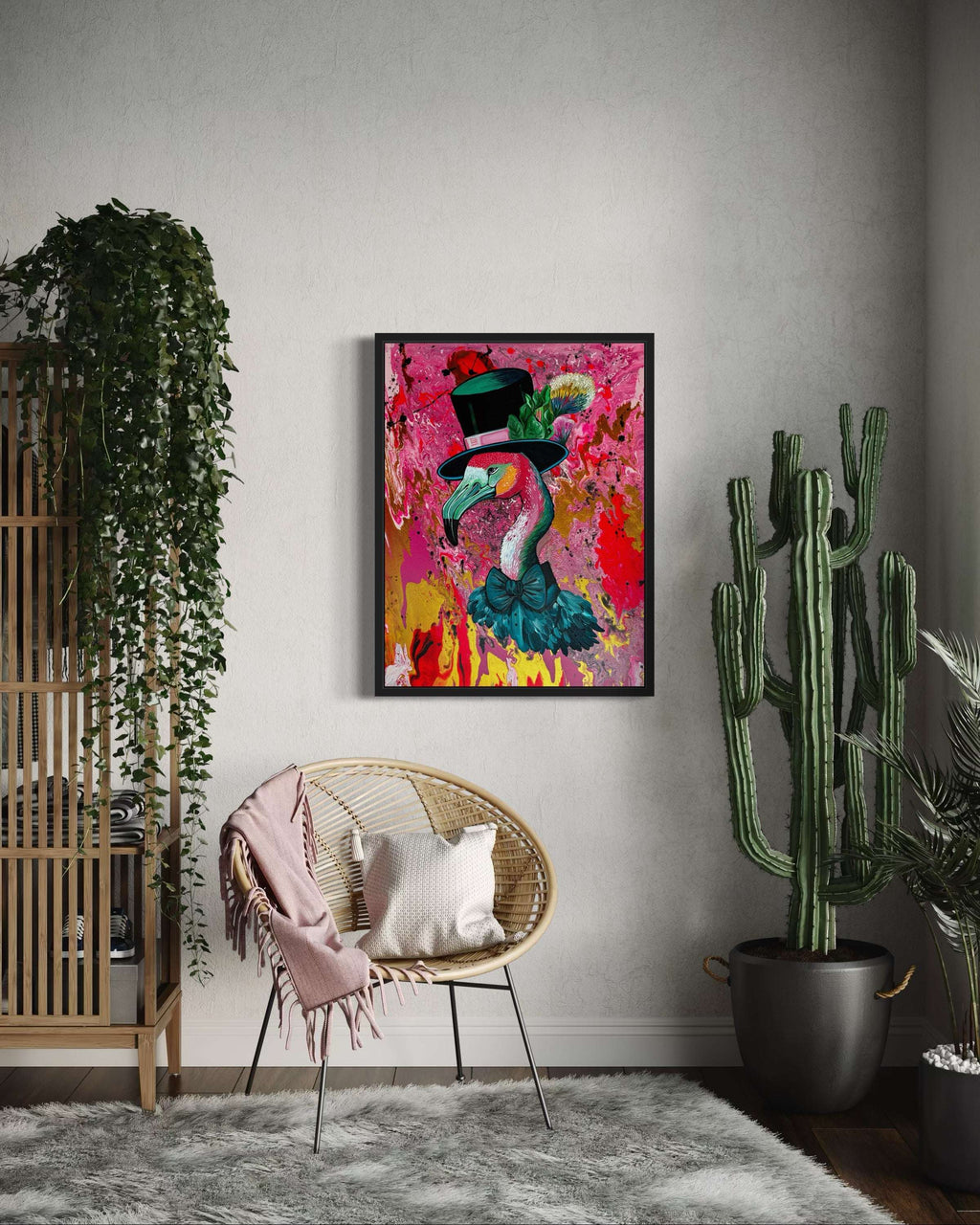 Frederick Flamingo Mixed Media Canvas Painting Original Art
