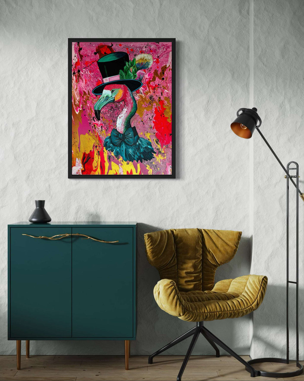 Frederick Flamingo Mixed Media Canvas Painting Original Art