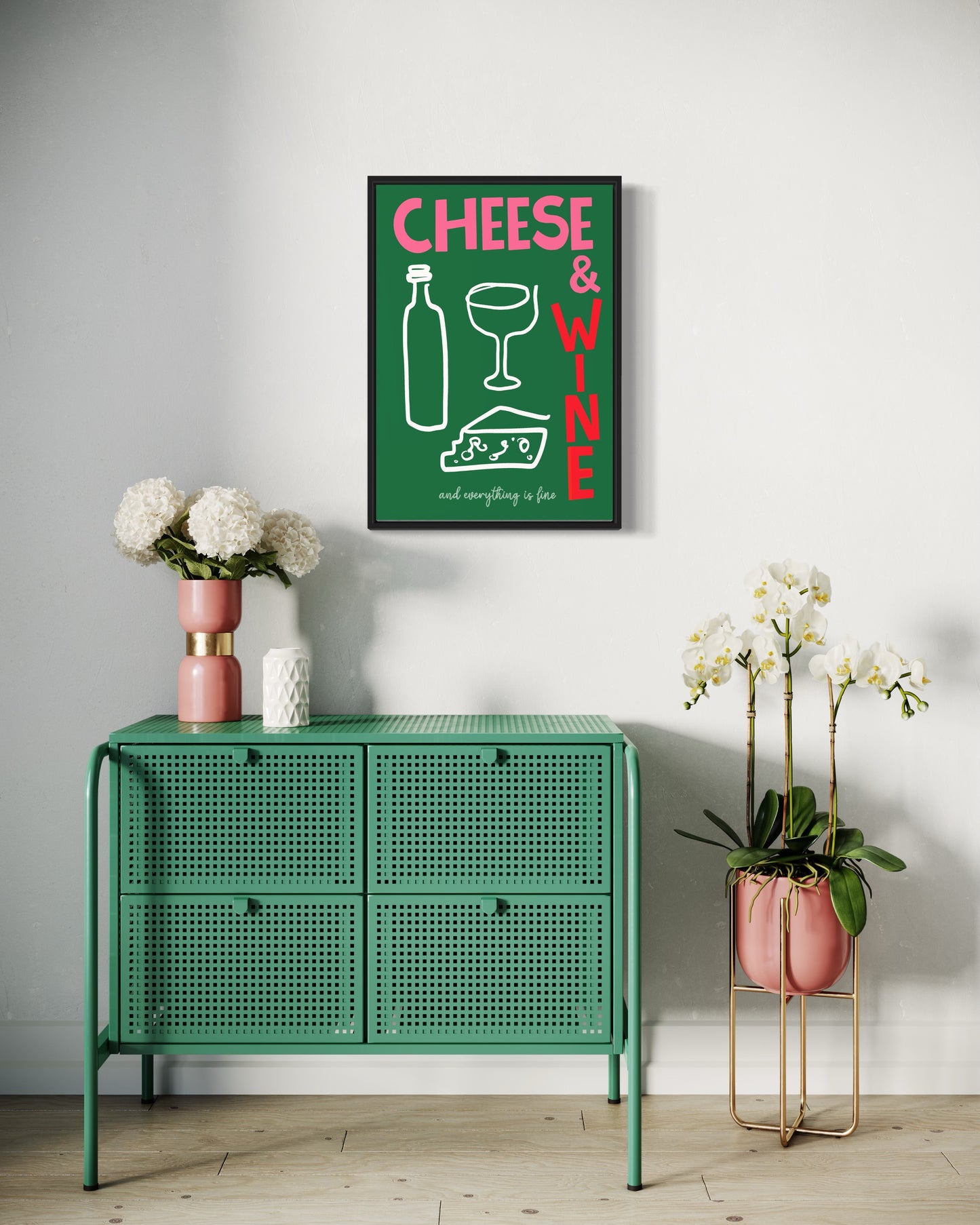 Cheese and Wine Print in Green and Pink