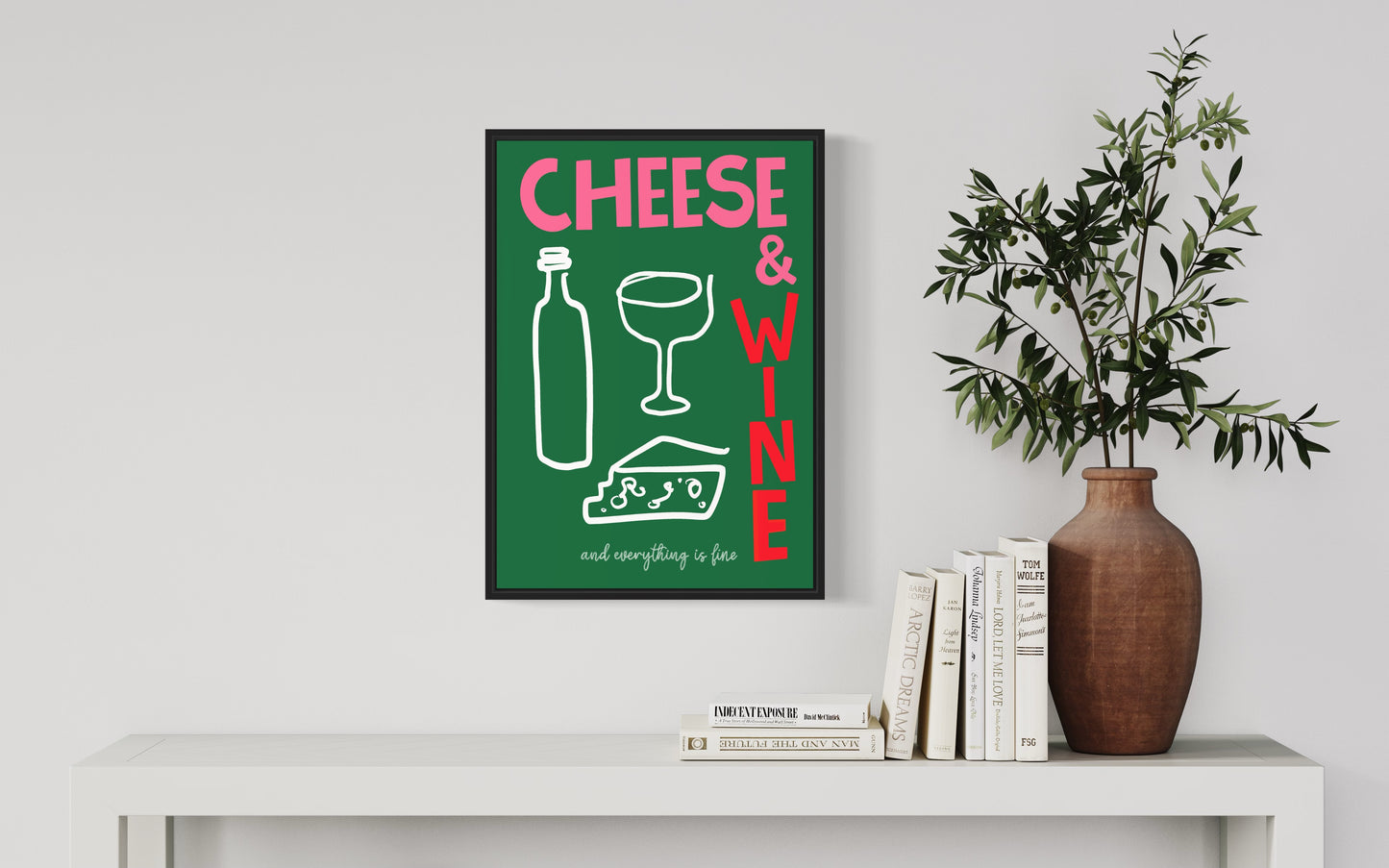 Cheese and Wine Print in Green and Pink