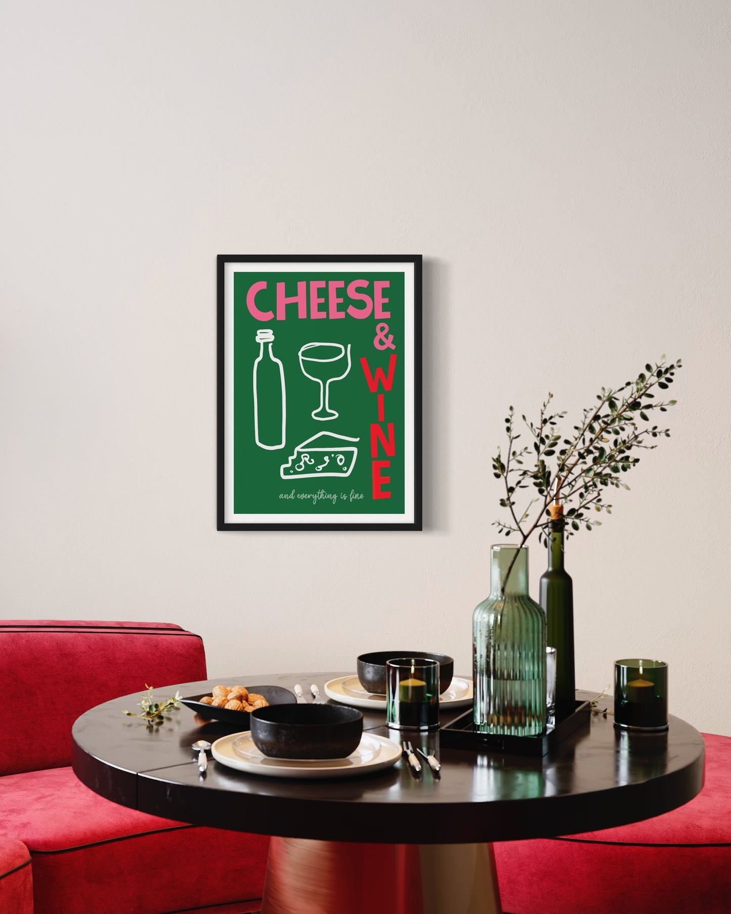 Cheese and Wine Print in Green and Pink