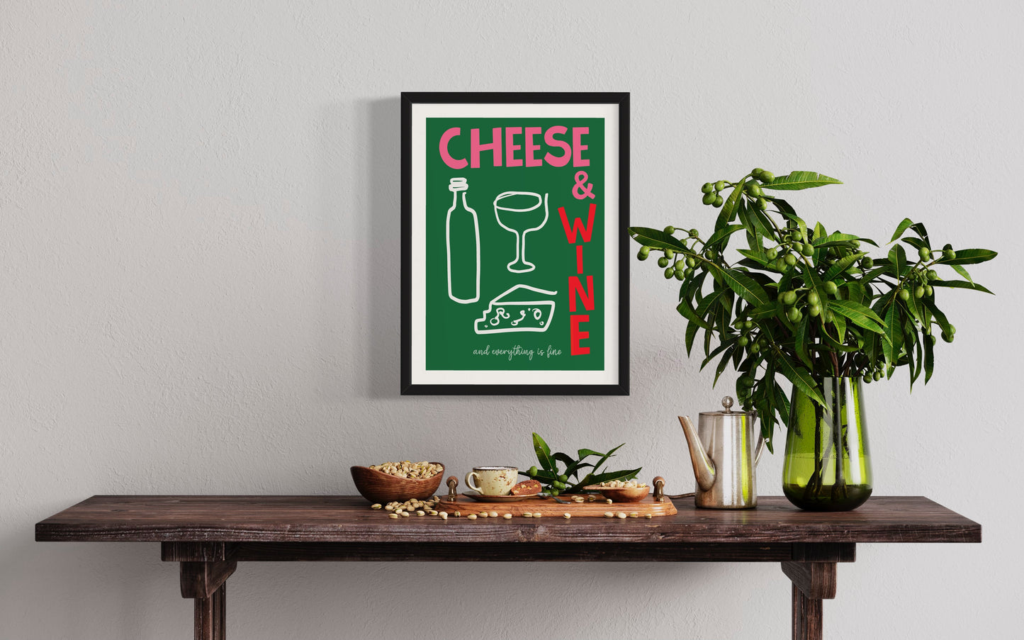 Cheese and Wine Print in Green and Pink