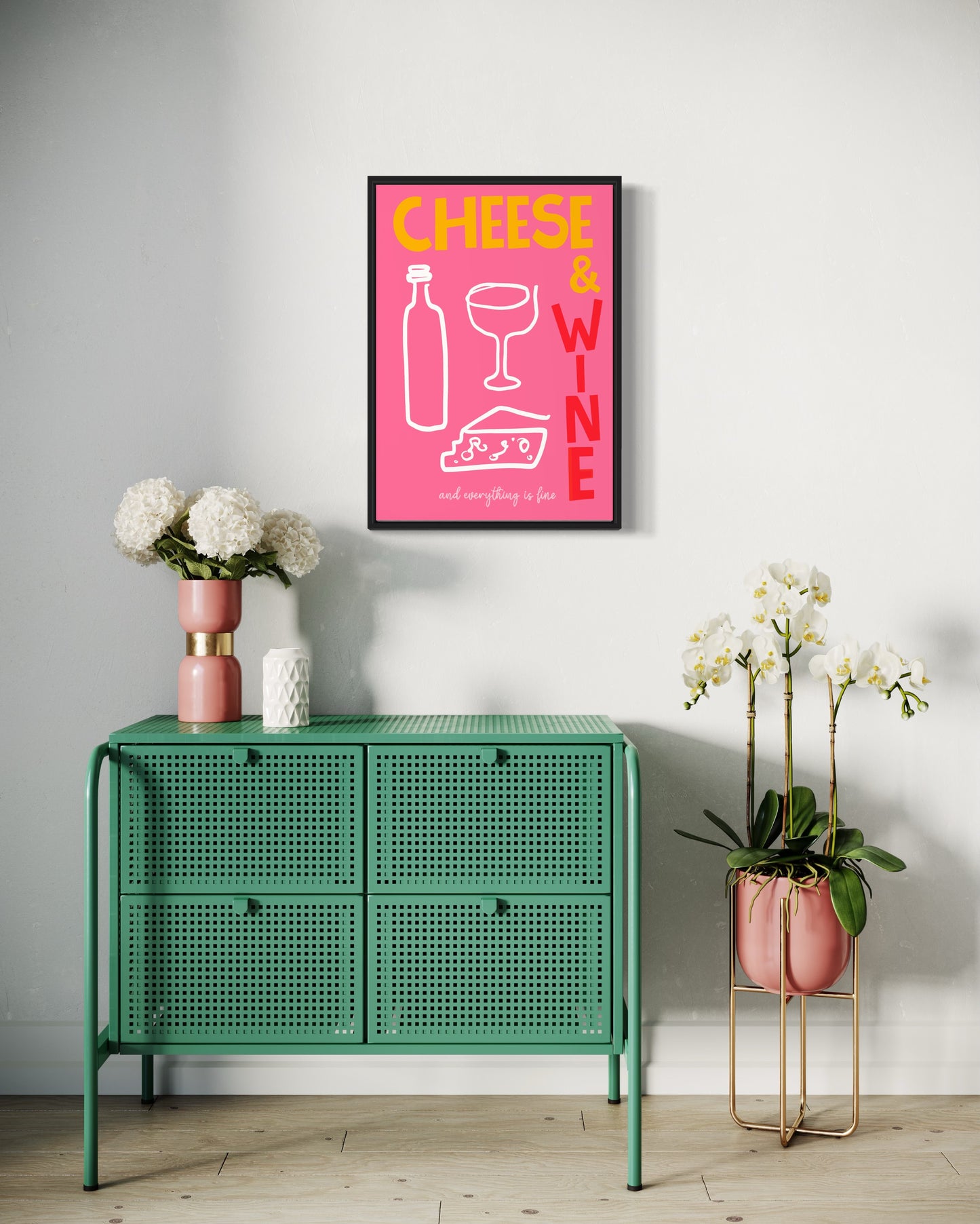 Cheese and Wine Print in Pink and yellow