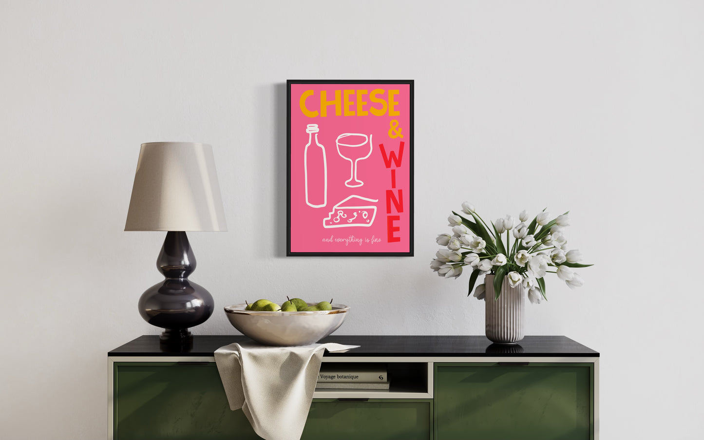 Cheese and Wine Print in Pink and yellow