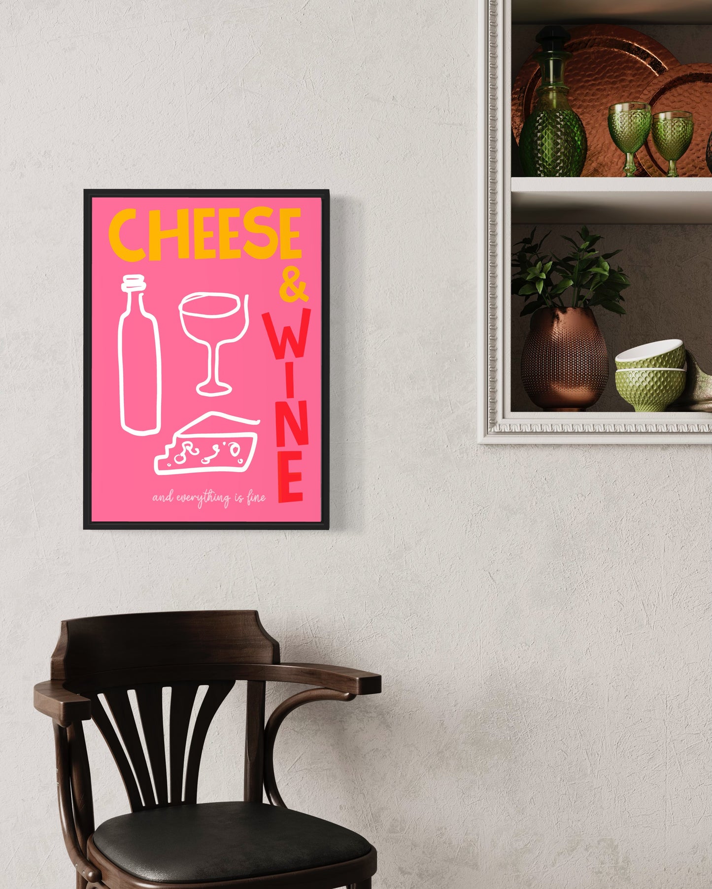 Cheese and Wine Print in Pink and yellow