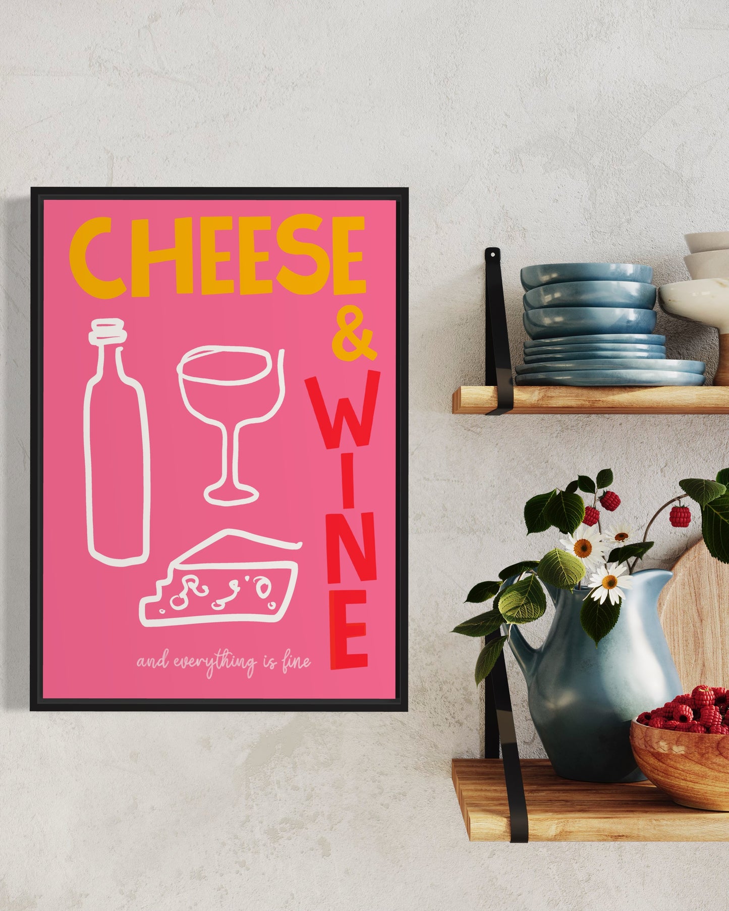 Cheese and Wine Print in Pink and yellow