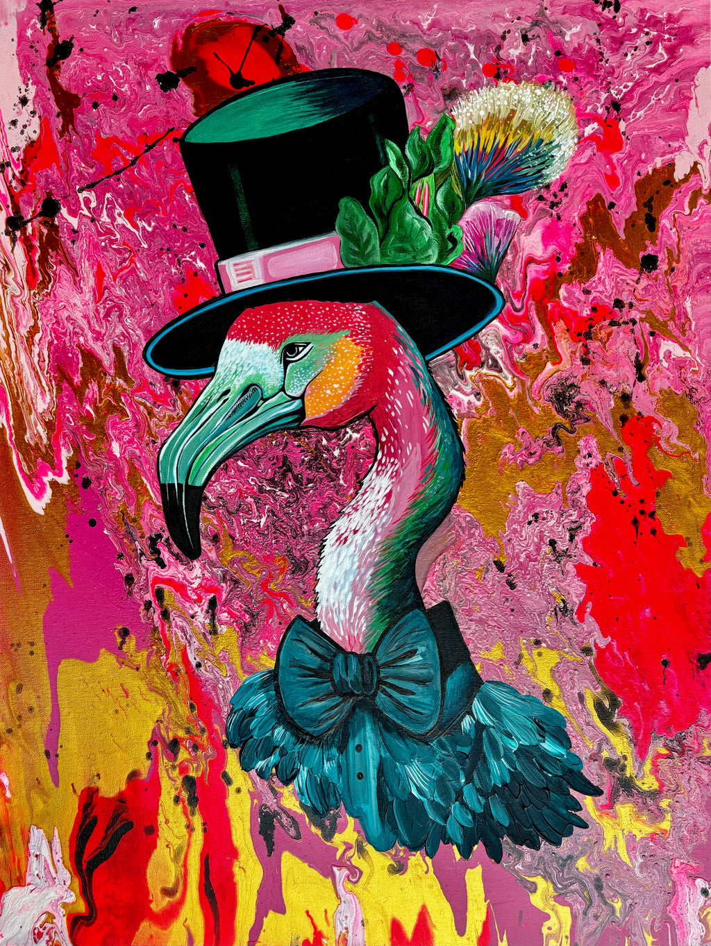 Frederick Flamingo Mixed Media Canvas Painting Original Art