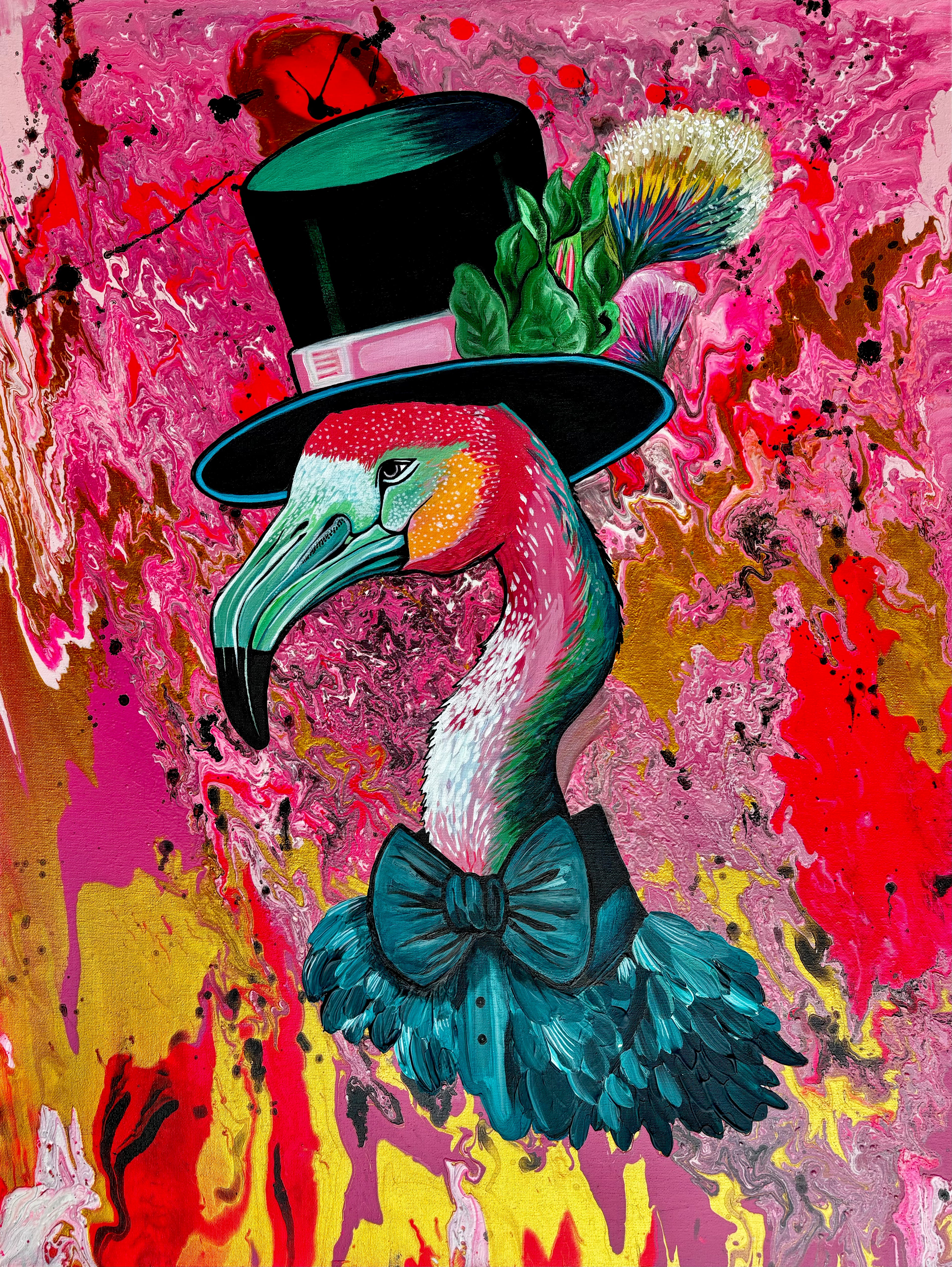 Frederick Flamingo Mixed Media Canvas Painting Original Art