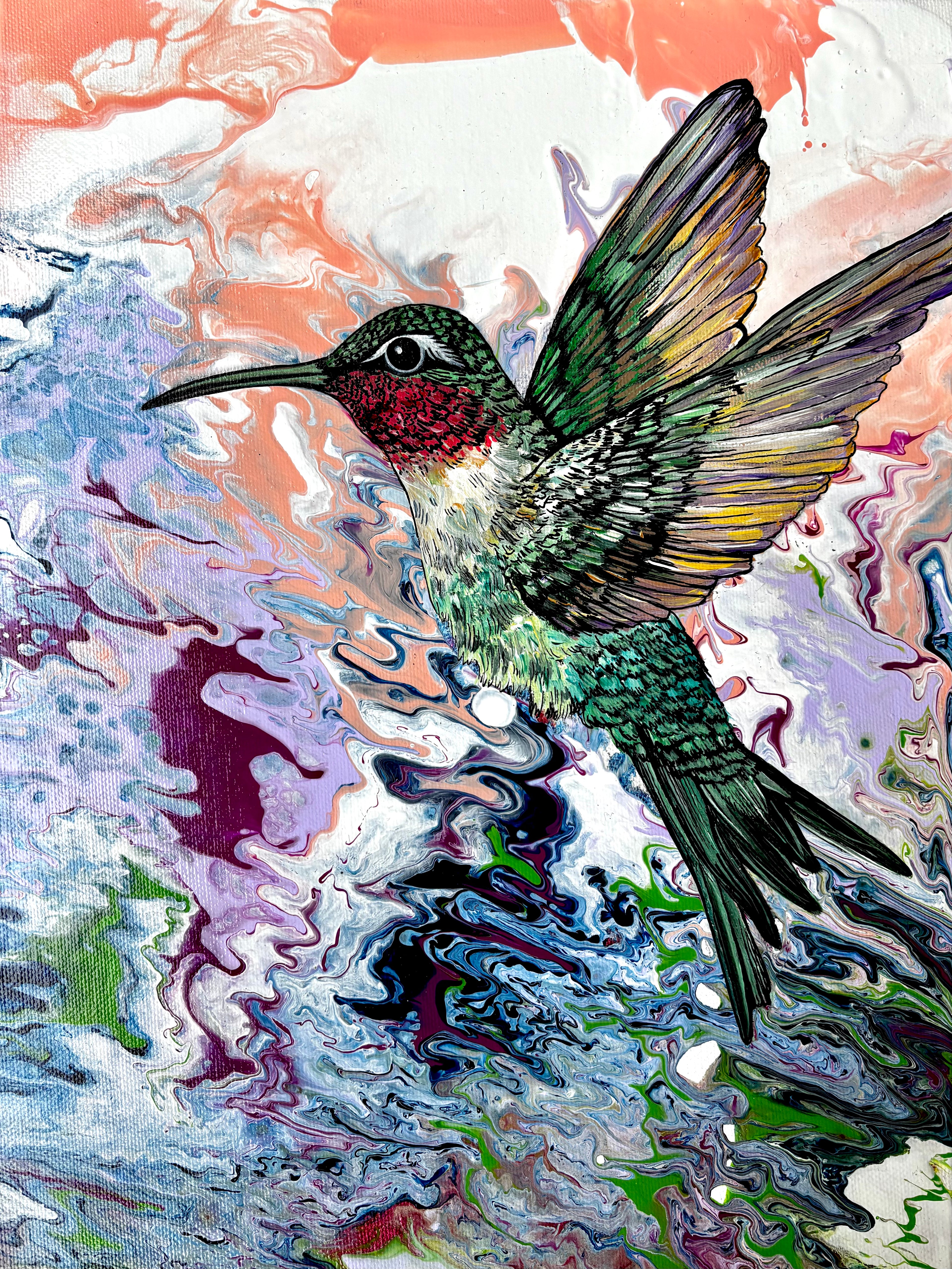 Hummingbird Mixed Media Original Painting "Flight of Freedom"