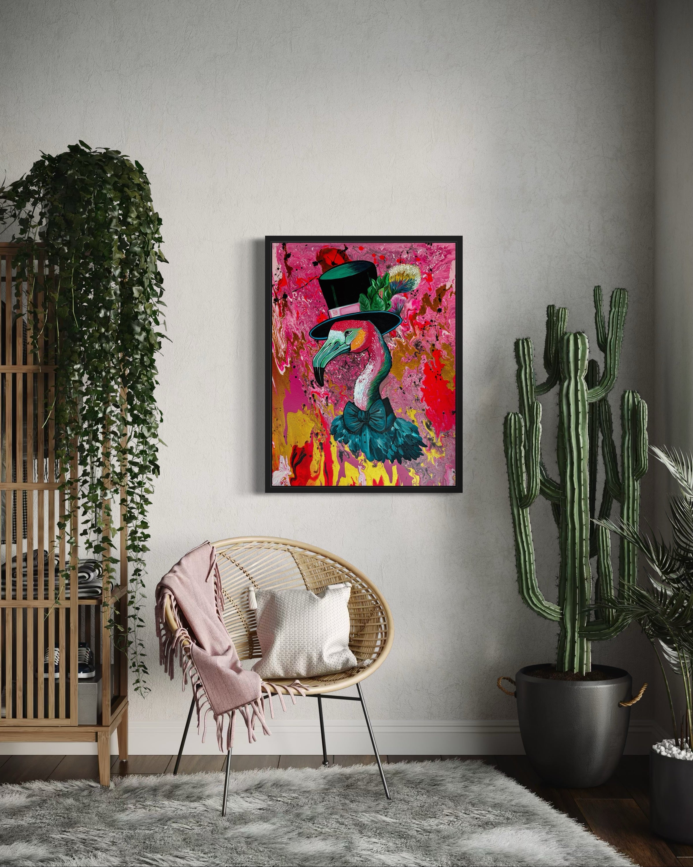 Frederick Flamingo Mixed Media Canvas Painting Original Art