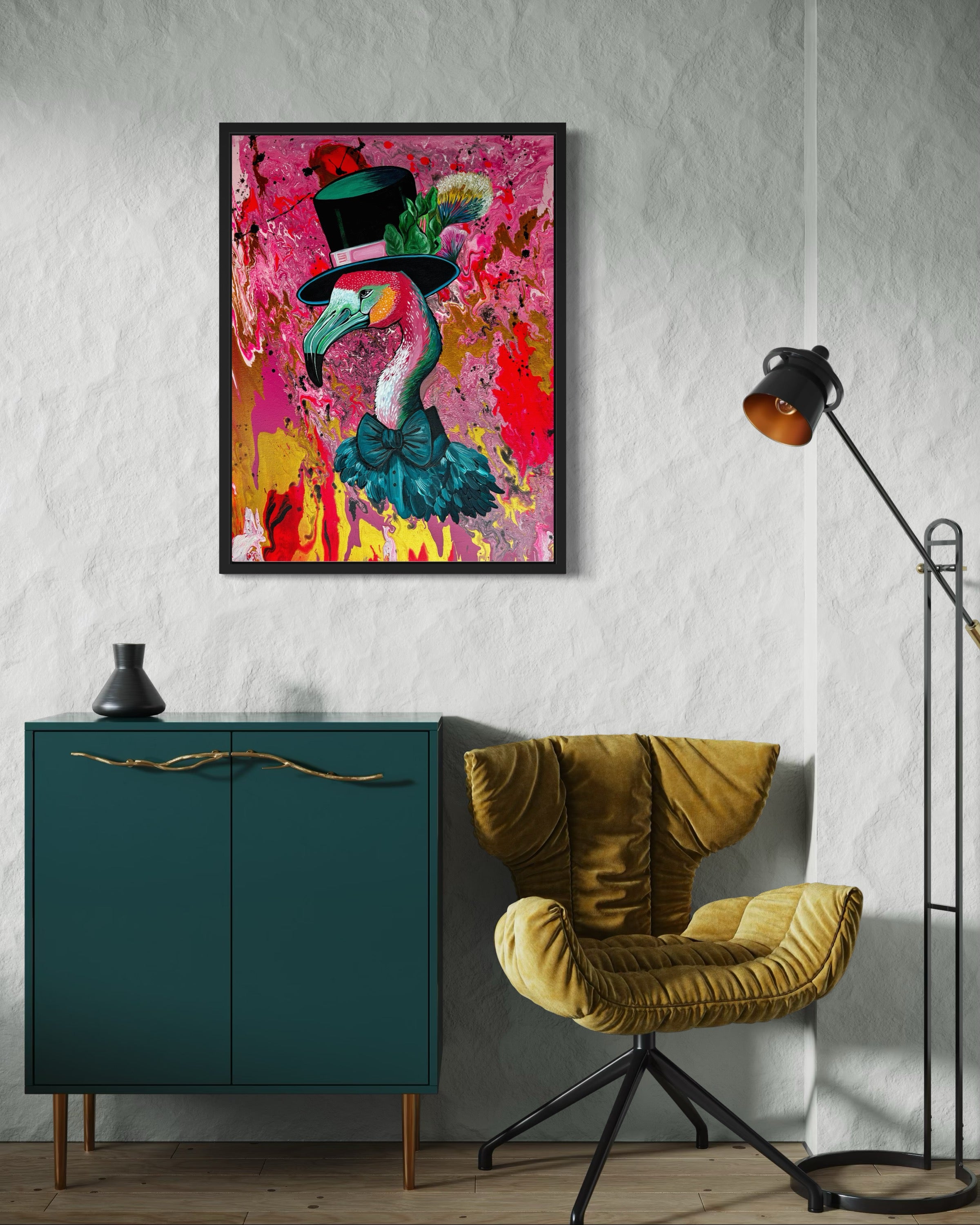 Frederick Flamingo Mixed Media Canvas Painting Original Art