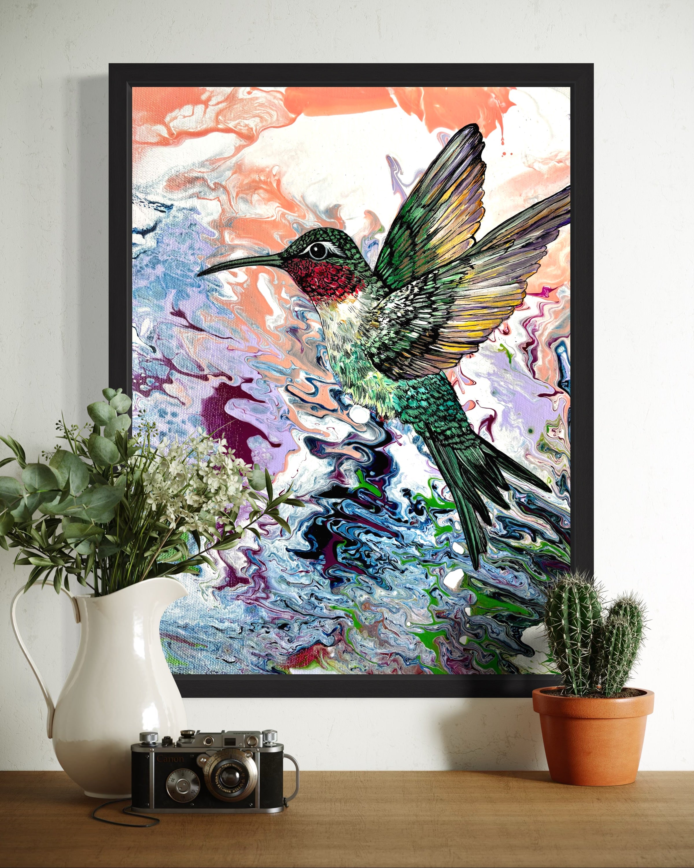 Hummingbird Mixed Media Original Painting "Flight of Freedom"