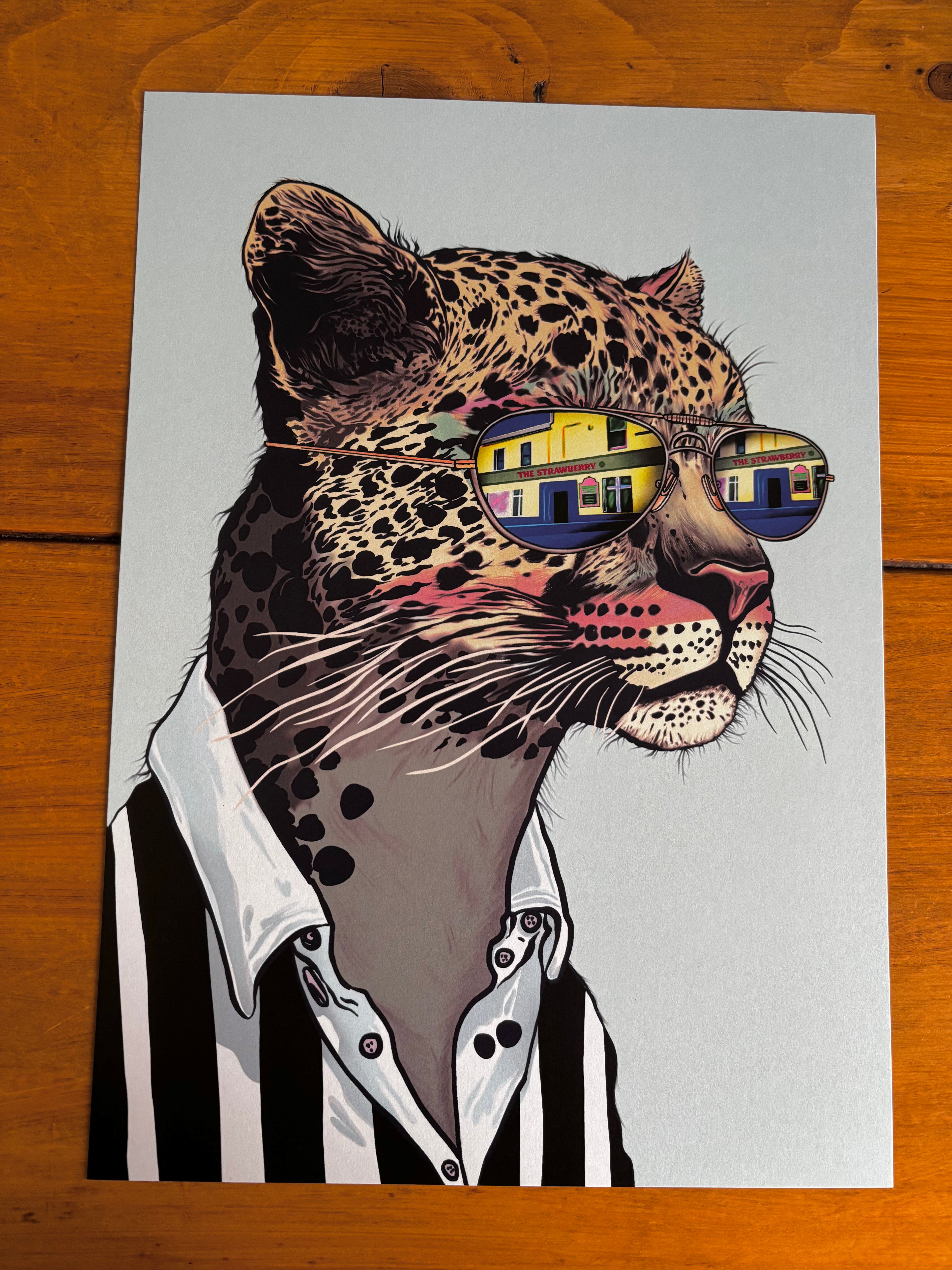 Leopard Wearing Glasses with The Newcastle Strawberry Pub Art Print