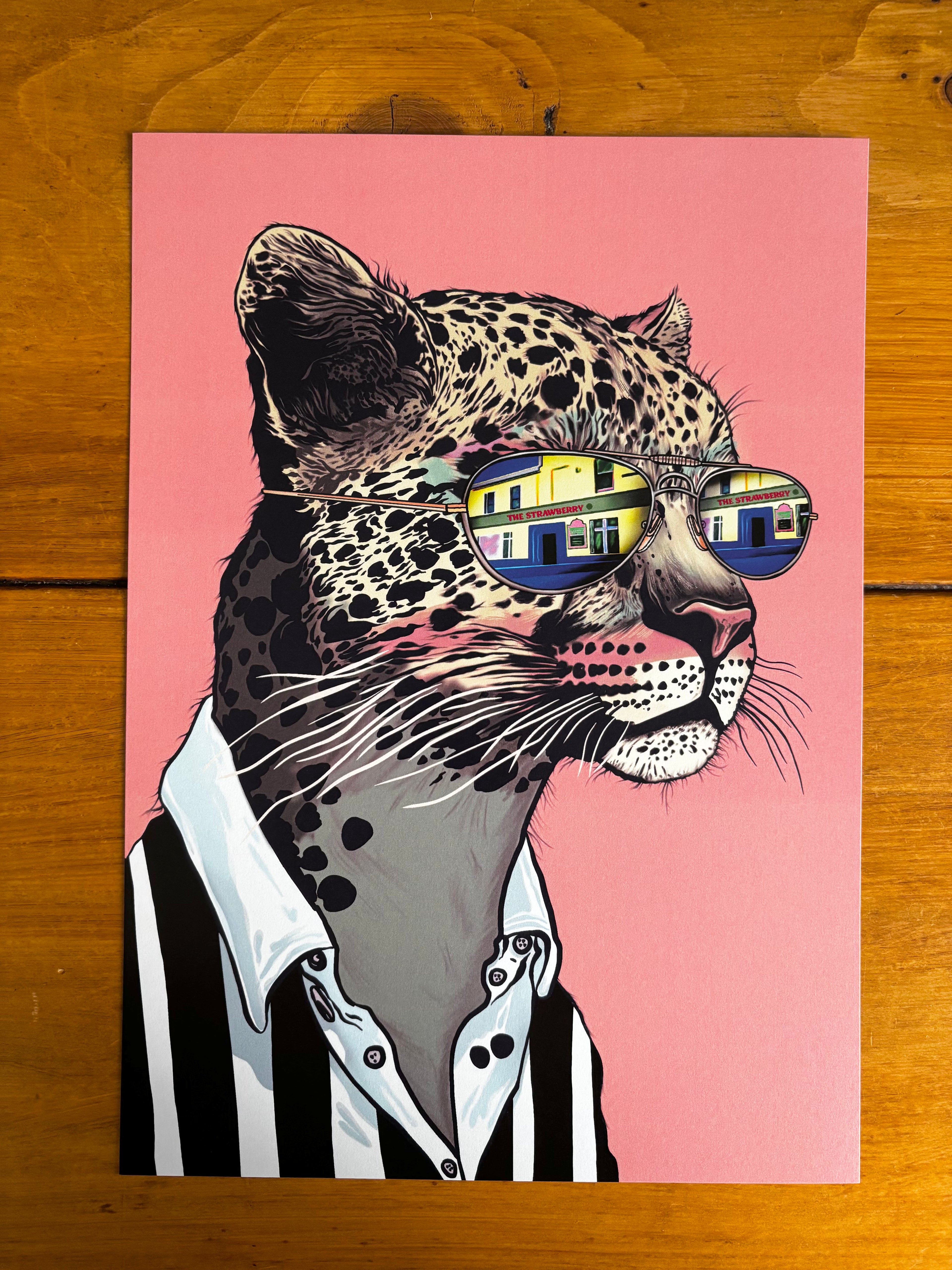Leopard Wearing Glasses with The Newcastle Strawberry Pub Art Print