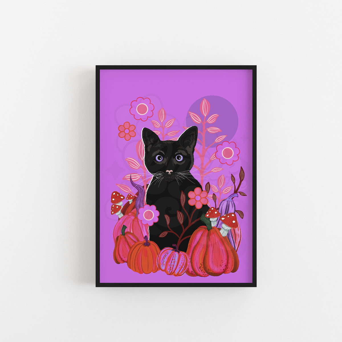 A colourful purple and orange print of a black cat amongst amanita mushrooms and pumpkins in a 70s illustrated style framed on a white background