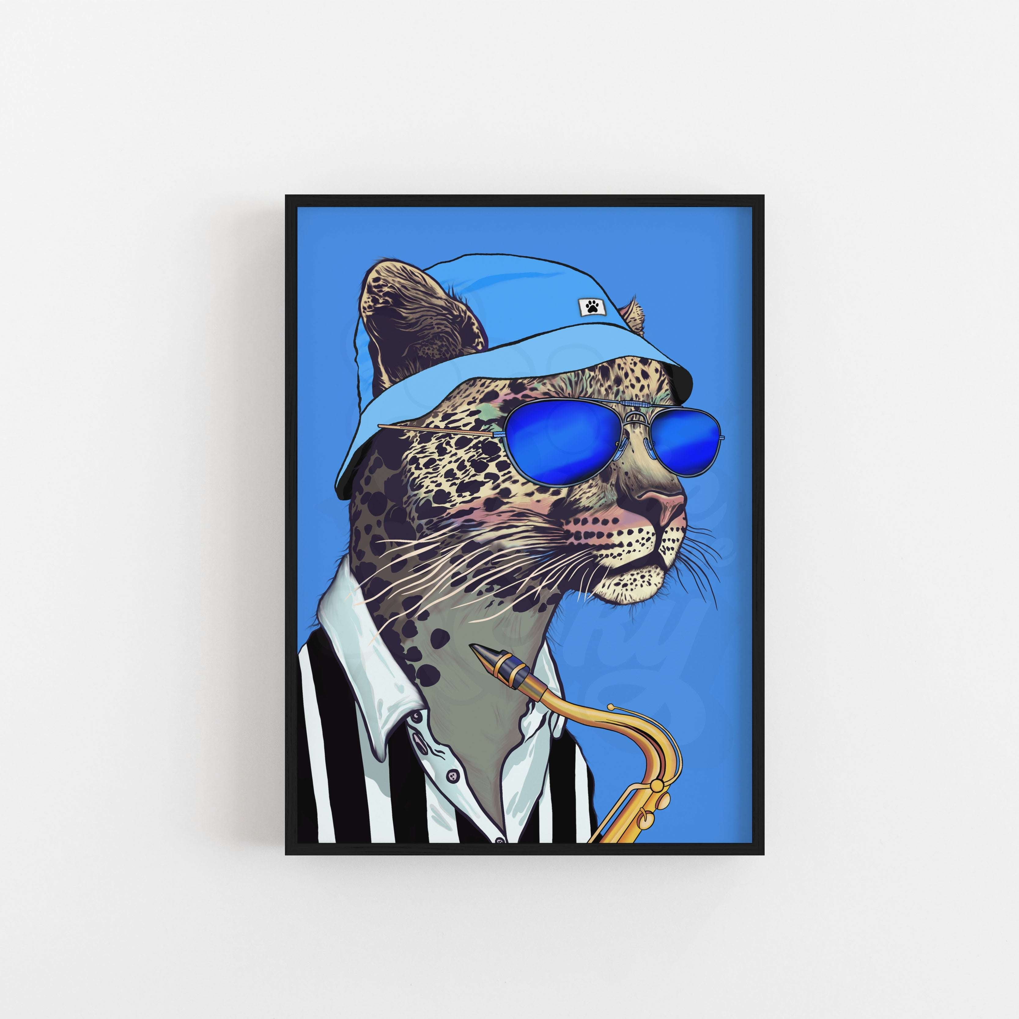 Sam Fender fan artwork of a leopard wearing sunglasses and a hat, holding a saxophone on a blue background. 