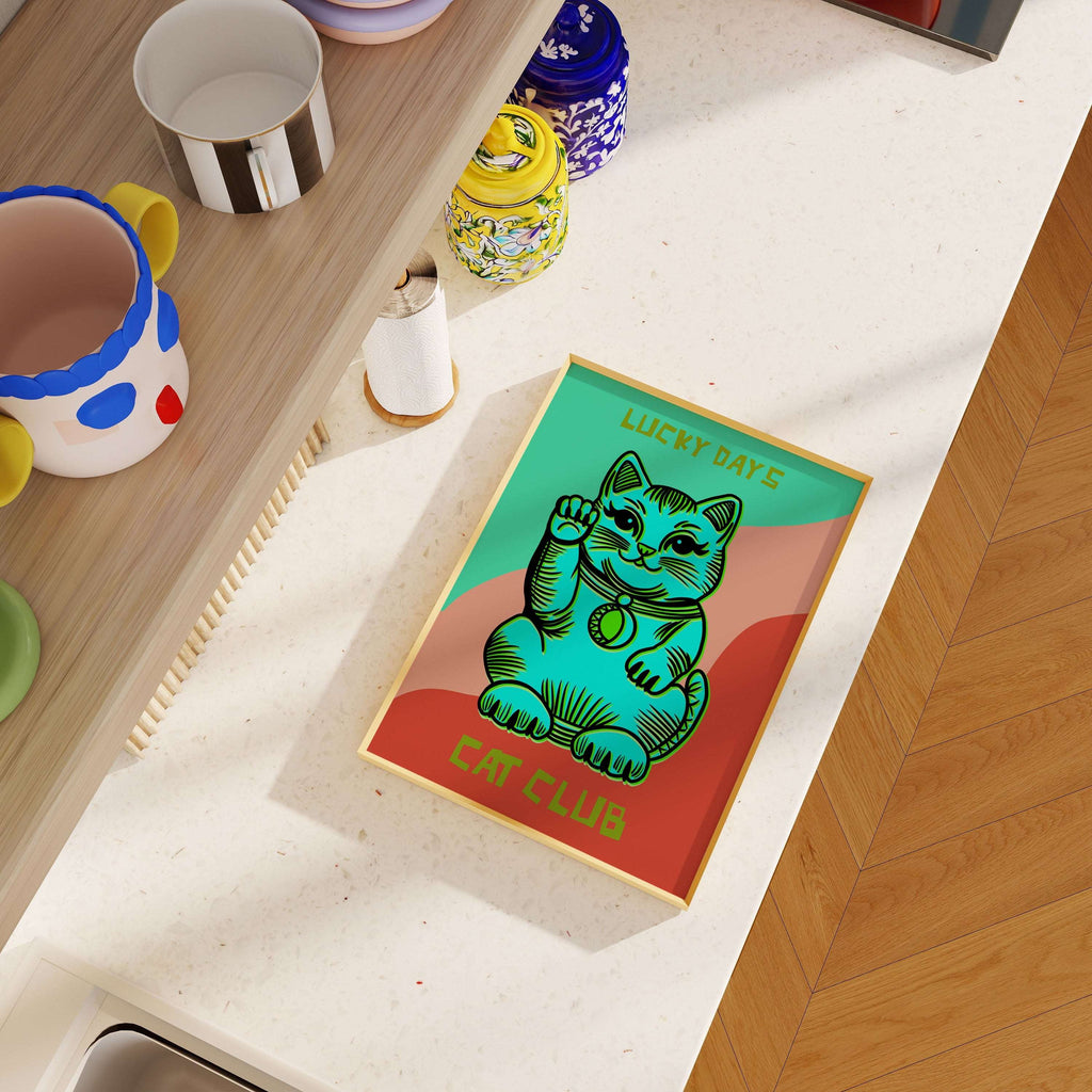 Cute fortune cat illustration print bringing positive vibes and retro charm to the kitchen.