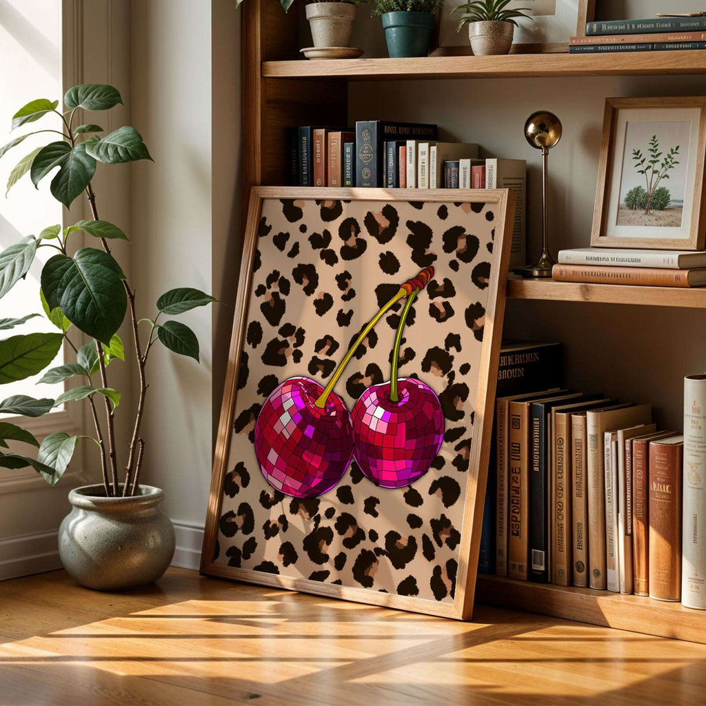 Leopard print wall art featuring disco cherries illustration