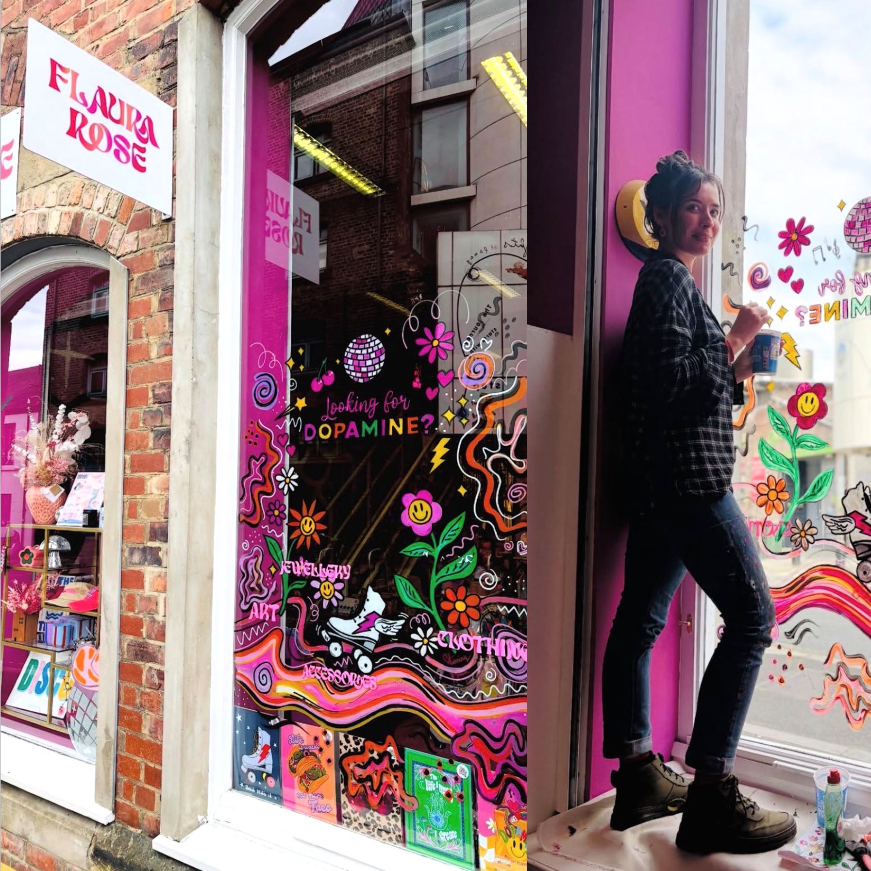 Artist Lucie of Lucie in the Sky stands on a step platform in front of a shop window decorated with colourful graffiti-style stickers, flowers, and the text 'looking for dopamine?' The shop has a bright pink exterior and brick wall.
