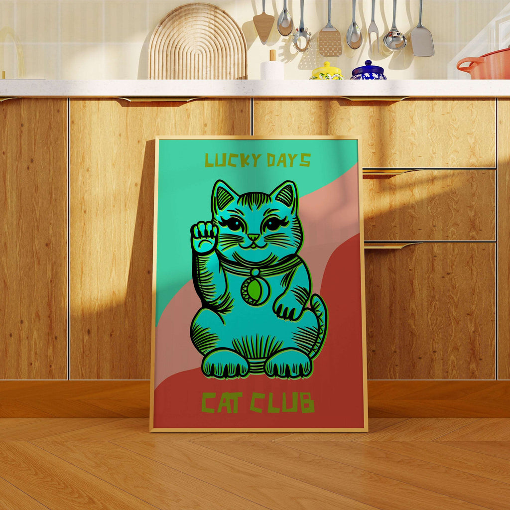 Illustration of a lucky fortune cat with colourful details for the Lucky Days Cat Club art print
