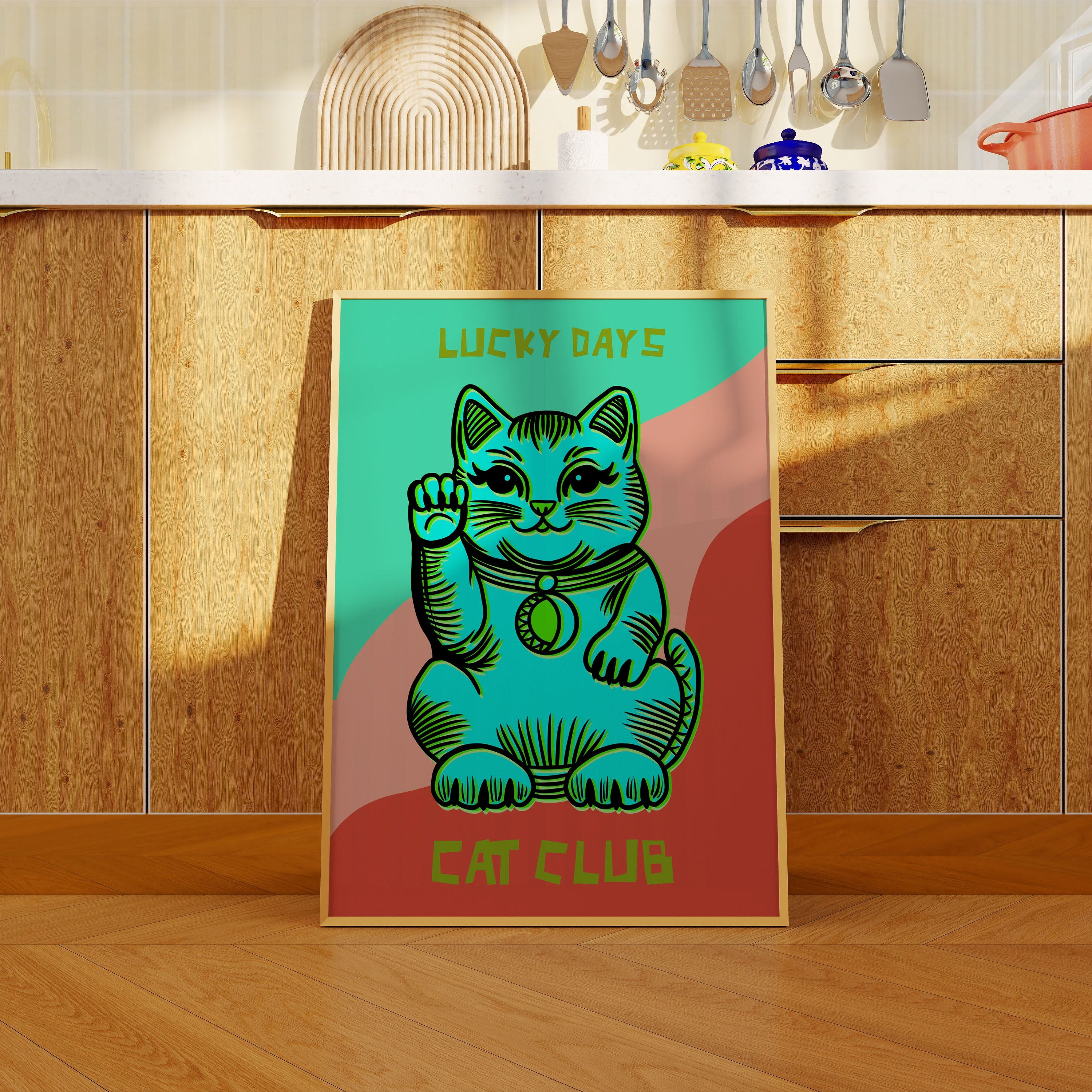 Illustration of a lucky fortune cat with colourful details for the Lucky Days Cat Club art print