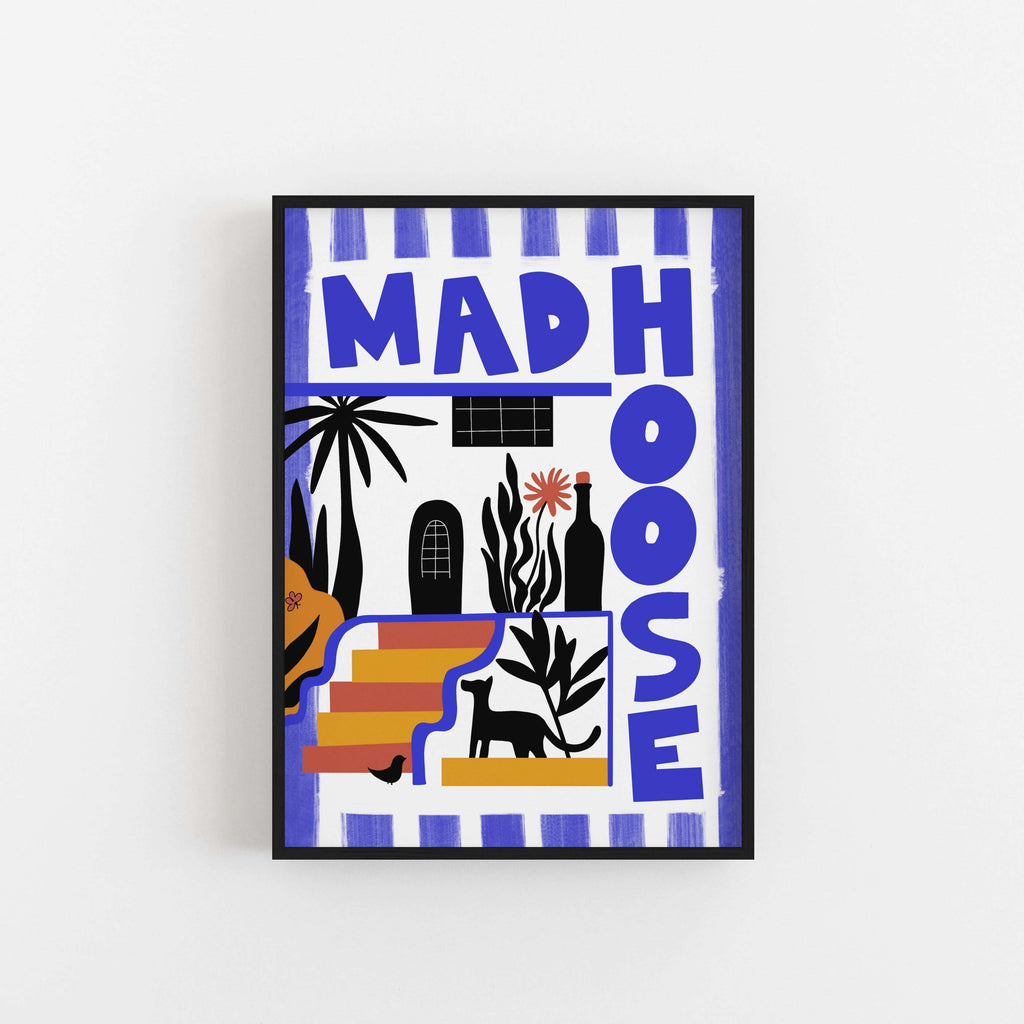 A framed art print with the text 'MAD HOOSE' prominently featured, surrounded by colorful, abstract designs and shapes.