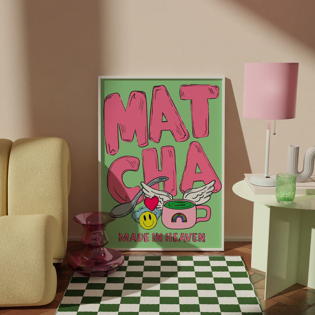 Living room with a 'Matcha Made in Heaven' art print on a wall, a checkered rug, and a yellow sofa.