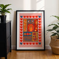 Colourful Mystic Eye art print featuring an all-seeing eye, celestial moons, symbolic hand, flowers and hearts in bold pink, orange and blue.