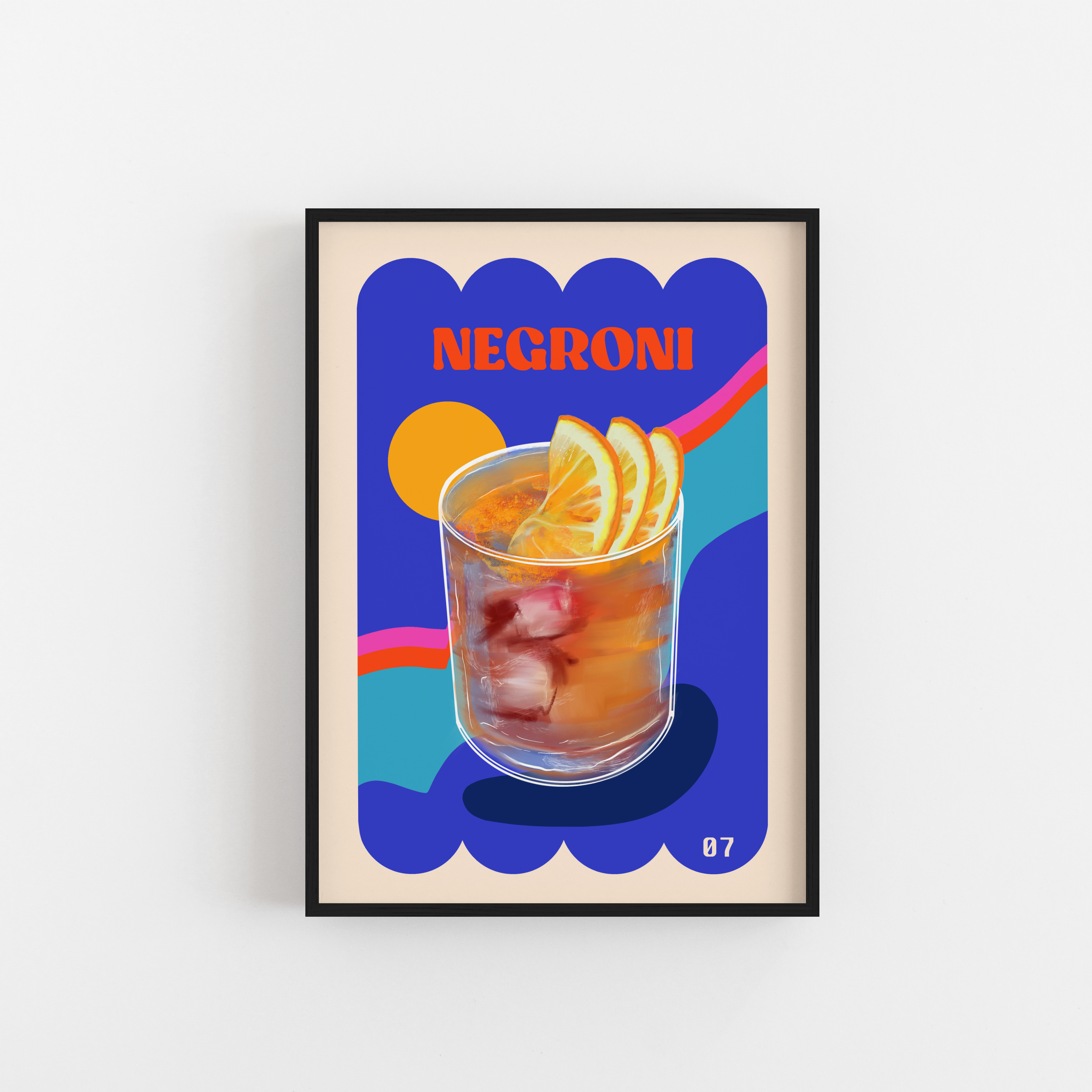 Framed artwork of a Negroni cocktail with colorful design elements on a white background