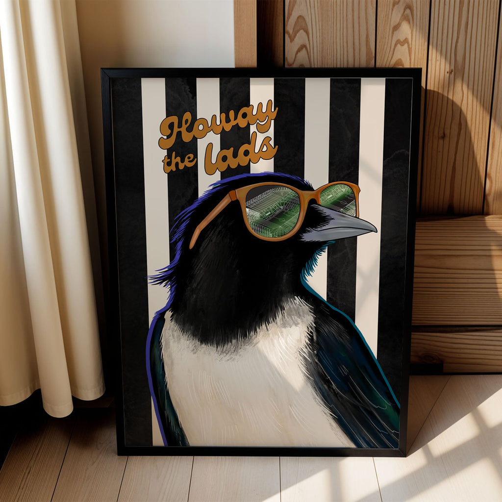 Framed artwork of a bird wearing sunglasses with Newcastle United 'Howay the Lads' text on a striped background.