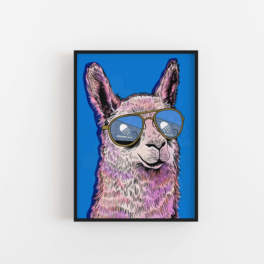 An illustrated art print of an alpaca wearing oversized sunglasses with a reflection of Newcastle's Full Circle brewery in the lenses.