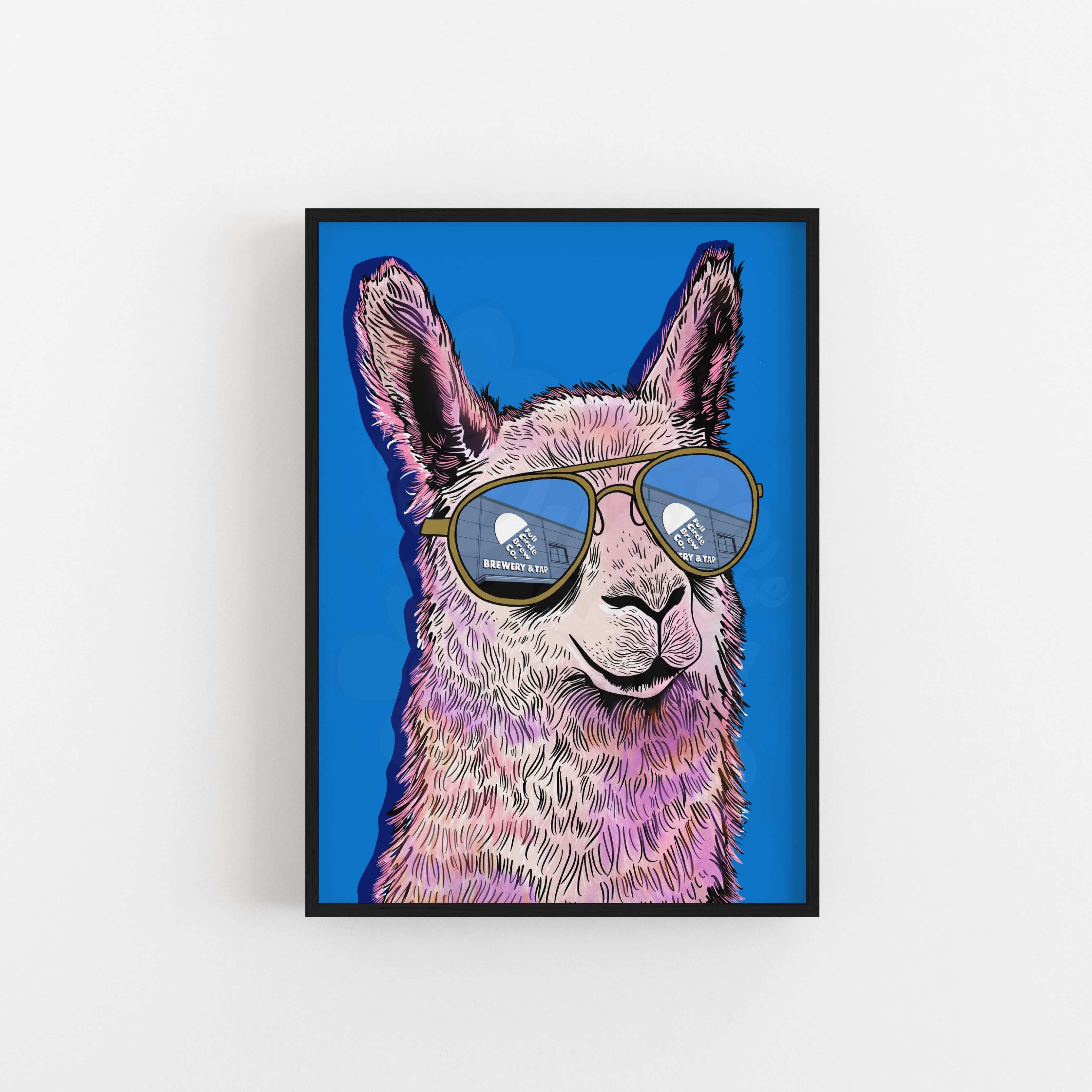 An illustrated art print of an alpaca wearing oversized sunglasses with a reflection of Newcastle's Full Circle brewery in the lenses.
