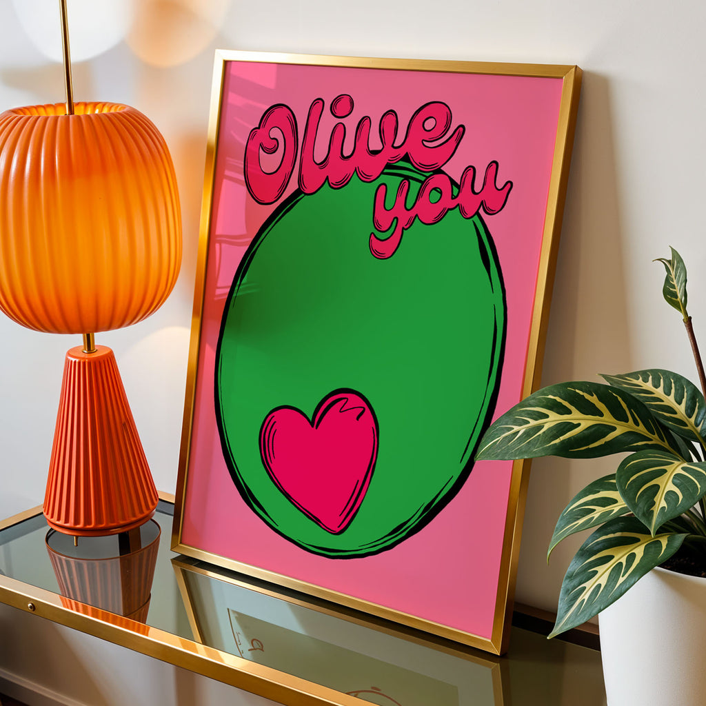 Olive You art print featuring an olive with a heart-shaped pimento