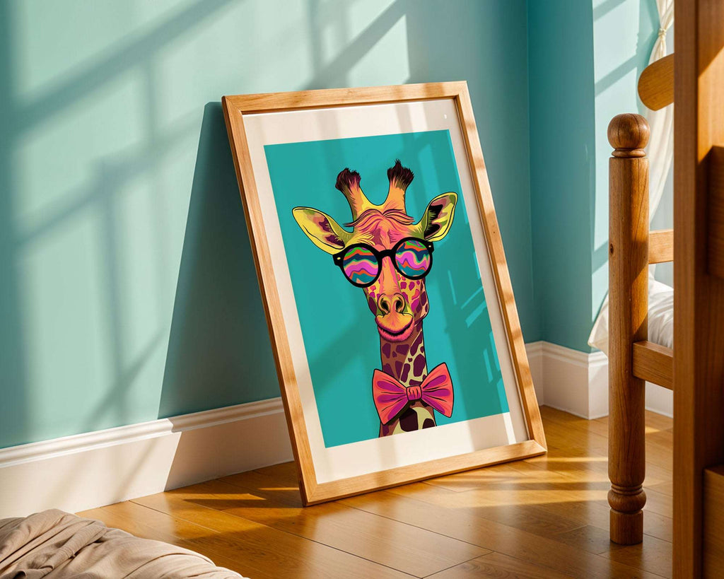 Playful art print of a Giraffe wearing glasses and a red bow tie on a blue background 
