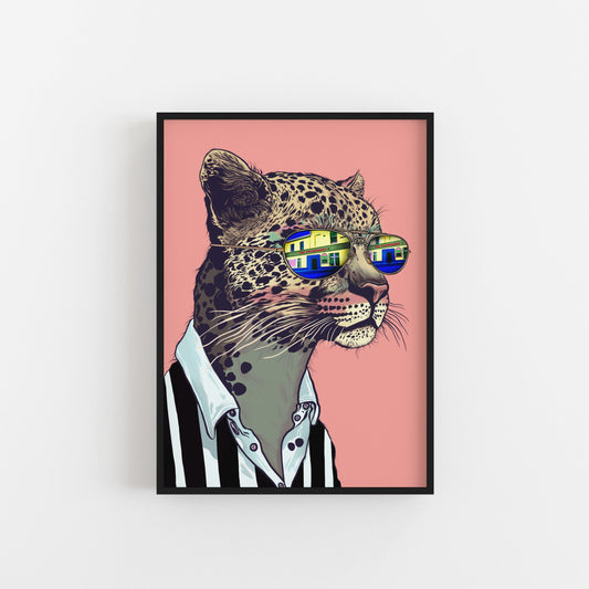 Leopard Wearing Glasses with The Newcastle Strawberry Pub Art Print